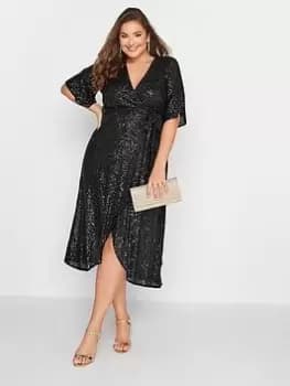 Yours Sequin Double Mesh Wrap Dress - Black, Size 18, Women