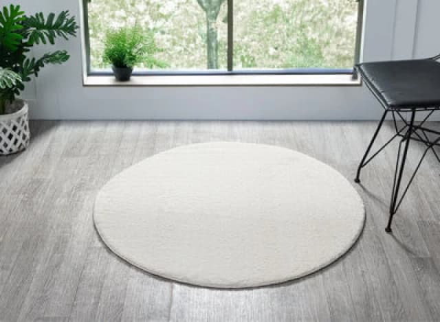 Comfy Washable Low Pile Living Room Area Rug - Anti Slip Felt Backing Cream 100Cm Diameter