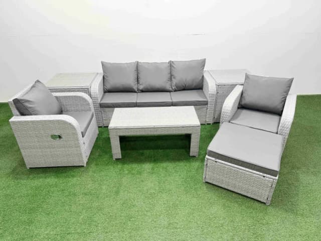 Fimous PE Rattan Garden Furniture Set Reclining Chair Sofa Lounge Sofa Set Rectangular Coffee Table 2 Side Table Big Footstool Light Grey Light Grey