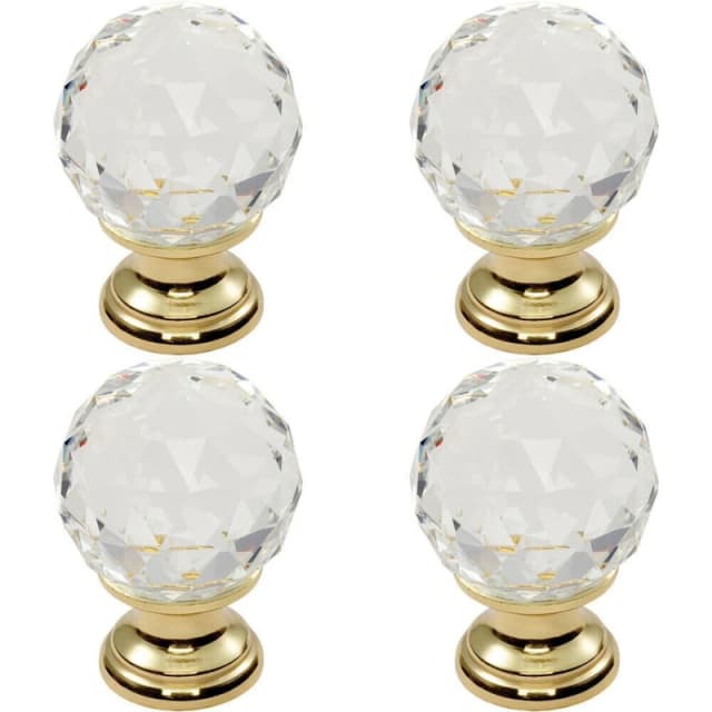 Loops 4x Faceted Crystal Cupboard Door Knob 25mm Dia Polished Brass Cabinet Handle Metallics unisex