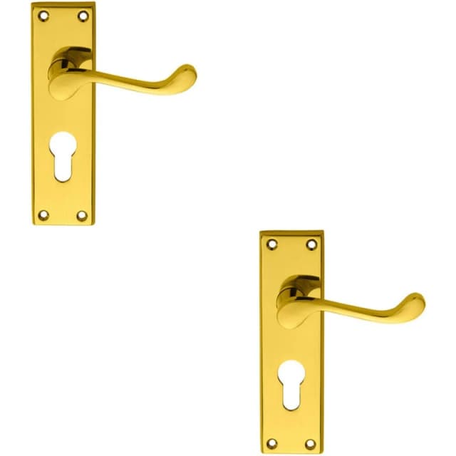 Loops 2x PAIR Victorian Scroll Lever on Euro Lock Backplate 150 x 43mm Polished Brass Metallics