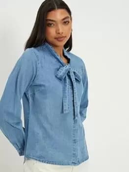 Dorothy Perkins Denim Pussybow Blouse - Mid Wash, Blue, Size 12, Women
