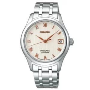 Seiko Presage Japanese Zen Garden 'Sakura Daytime' Automatic Beige Dial Silver Stainless Steel Ladies Watch SRPF47J1