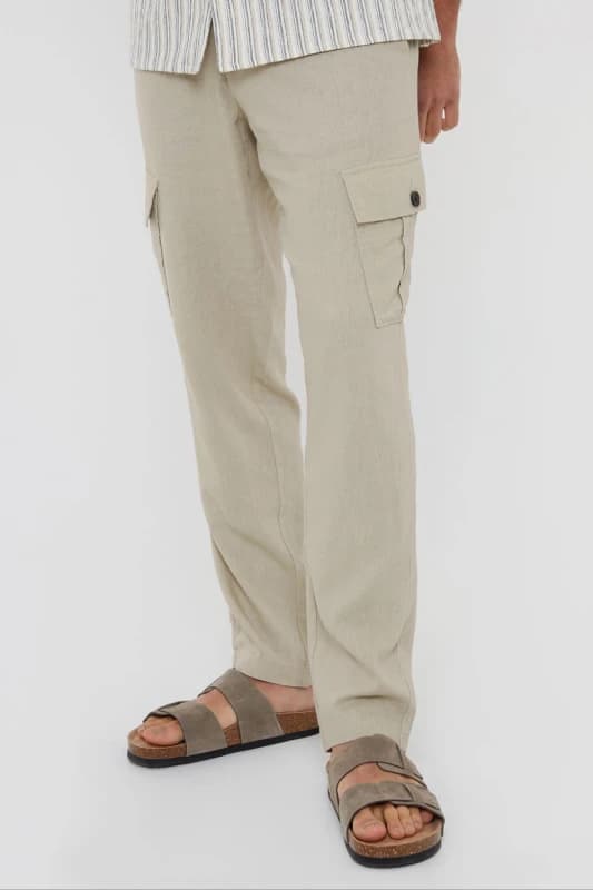 Threadbare Mens 'Ramsay' Linen Blend Cargo Trousers in Stone Size: 32R Stone Male 32R