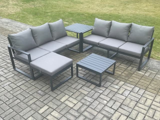 Fimous Aluminium 5 Pieces Garden Furniture Sofa Set with Cushions 7 Seater Outdoor Patio Set with Square Coffee Table Big Footstool Side Table Dark Gr