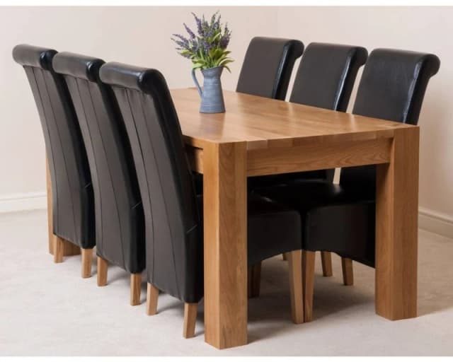 Thats Furniture Kuba 180 x 90cm Chunky Oak Dining Table & 6 Montana Leather Chairs in Black Unisex 180 x 90 cm