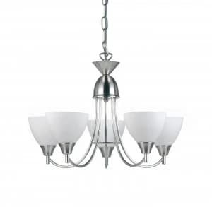 5 Light Multi Arm Ceiling Pendant Satin Chrome, Matt Opal Glass, E14