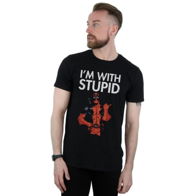 Marvel Marvel Men Deadpool I'm With Stupid T-Shirt in Black Size: Small Black S Male 5059308630179
