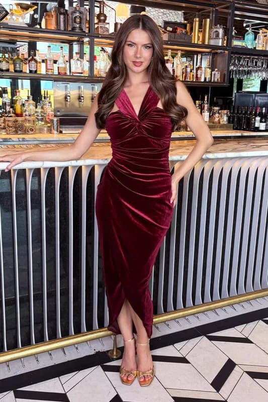 AX Paris Womens Wine Velvet Knot Detail Wrap Skirt Midi Dress Size: 8 Wine Female 8