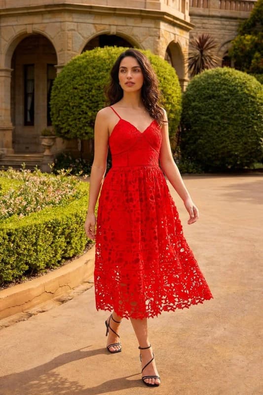 Dusk Womens Crochet V-Neck Cami Midi Dress in Red Size: 14 Red Female 14