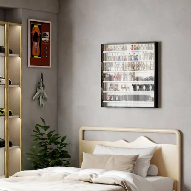 HOMCOM 7-Tier Wall Display Cabinet w/ Adjustable Shelves Glass Doors Size: Large Multicolor Unisex Large