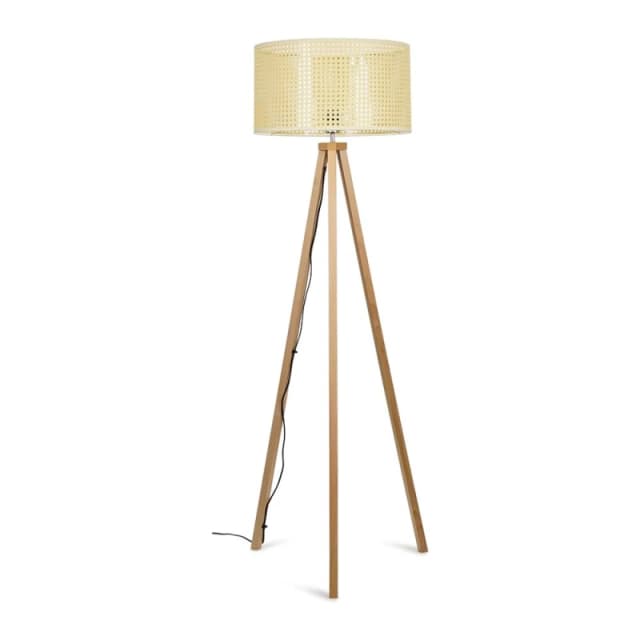 ValueLights Barbro Light Wood Tripod Floor Light Lamp with Reni Drum Shade Off White