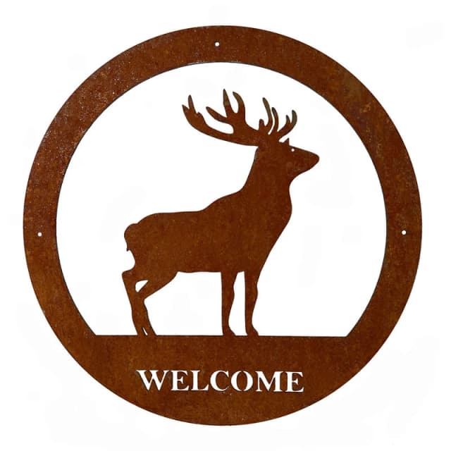 Stag Small Wall Art - With Text - Steel - W29.5 x H29.5cm - Bare Metal/Ready to Rust PoppyStagWlcmsml295MmWA25R