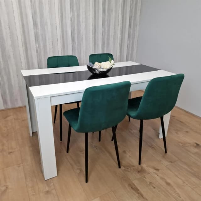 KOSY KOALA Dining Table and 4 Chairs White Black Wood 4 Velvet Green Chairs Dining Room Modern w/b 117 + 4 green rocco