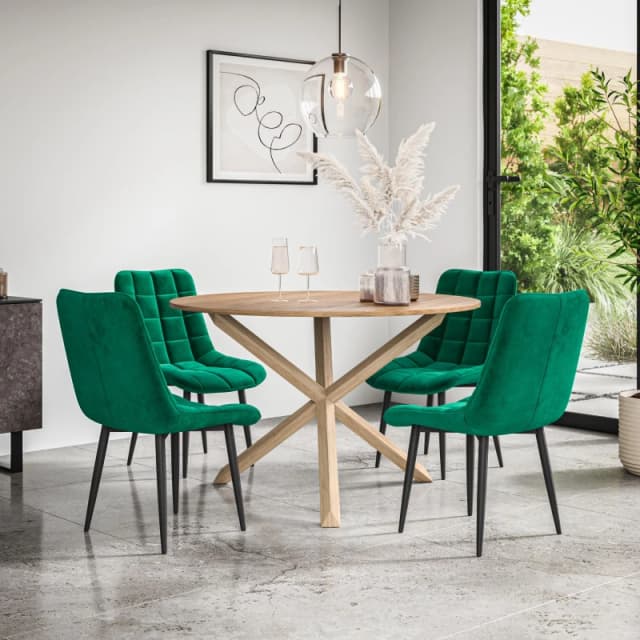 More4Homes Malvern Round Dining Table And Chairs - Oak Table Top W Solid Oak Legs + Nova Velvet Dining Chair Set Of 4 (Green)