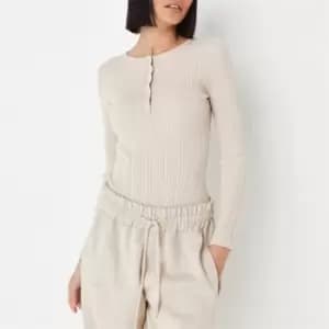 Missguided Rib Half Button Knit Bodysuit - Beige