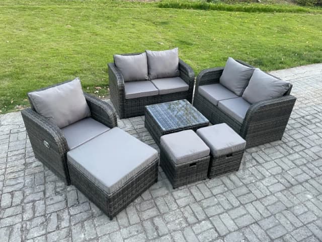 Fimous 7 Piece Garden Furniture Sets 6 Seater Outdoor Patio Furniture Set Weaving Wicker Rattan Sofa Chair and Table with 3 Footstools Dark Grey