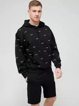 HUGO Dortalezza All Over Logo Overhead Hoodie - Black, Size S, Men