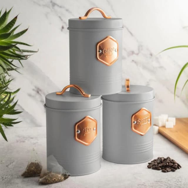 Cooks Professional 3 Piece Tea Coffee Sugar Cannister Set - Labelled Kitchen Storage Tins With Airtight Lids - Grey & Copper