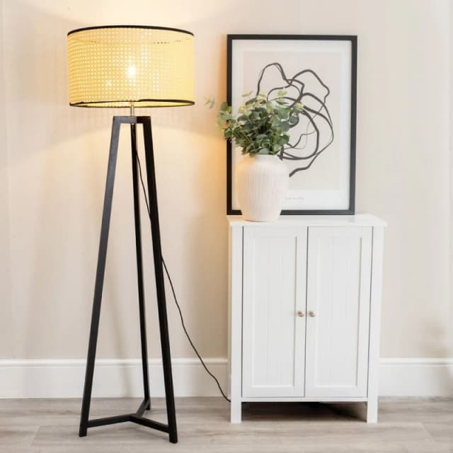 ValueLights Lottie Black Wood Tripod Floor Lamp with Natural Cane Drum Shade Natural