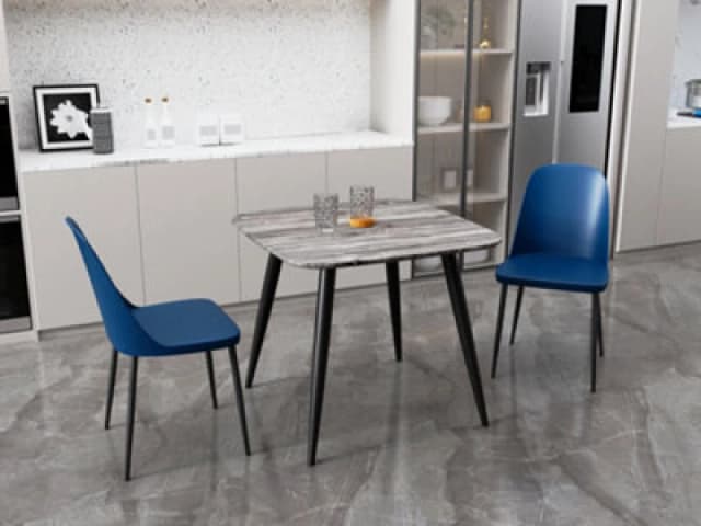 Core Products Aspen Grey Oak Effect 80Cm Square Dining Table With 2 Blue Plastic Duo Design Chairs