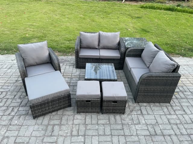 Fimous 8 Piece Garden Furniture Sets 8 Seater Outdoor Patio Furniture Set Weaving Wicker Rattan Sofa Chair and Table with 3 Footstools Dark Grey