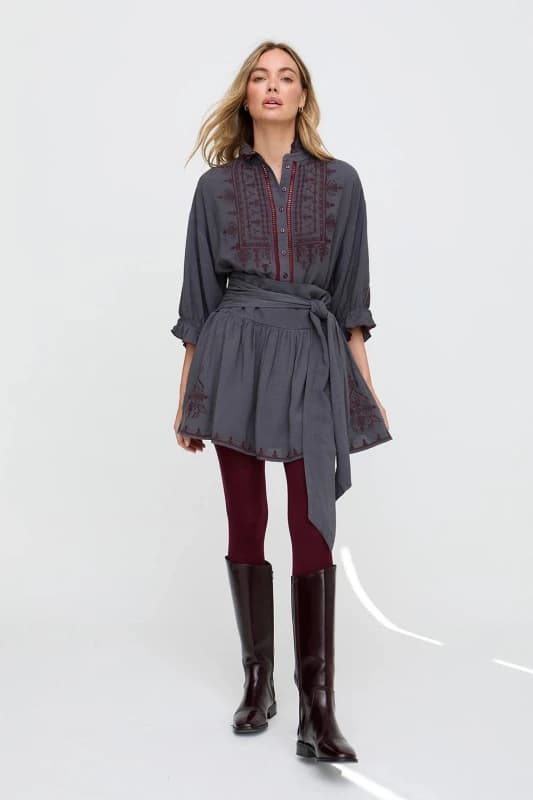 Raffya Womens Julie Embroidered Skater Mini Skirt In Dark Grey Size: 8 Grey Female 8