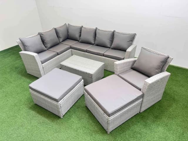 Fimous 9 Seater Garden Outdoor PE Rattan Furniture Set with 2 Big Stools in Light Grey Light Grey Unisex