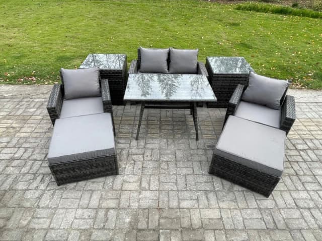 Fimous Rattan Wicker Garden Furniture 6 Seater Patio Conservatory Sofa Set with Rectangular Dining Table Armchair in Dark Grey Dark Grey Unisex
