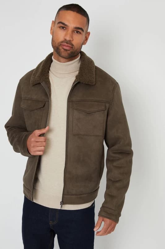 Threadbare Threadbare Men 'Olpherts' Faux Suede Borg Lined Aviator Jacket in Khaki Size: Medium Khaki M Male 7625915020931