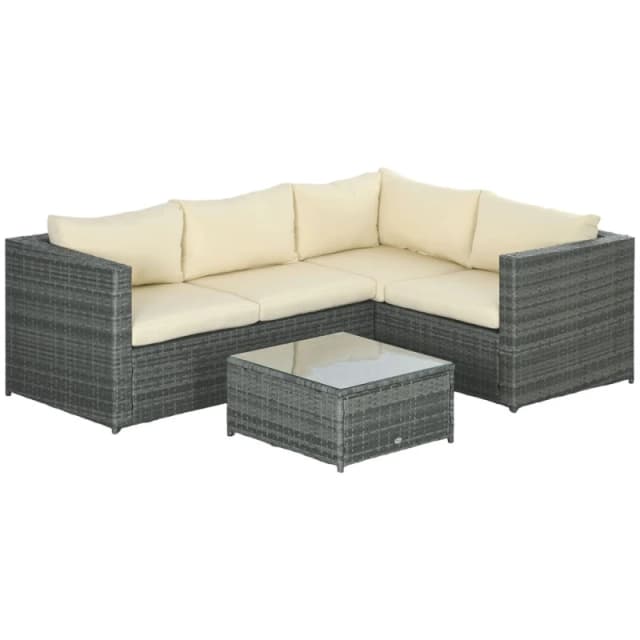 Outsunny 3Pcs Rattan Corner Sofa Set Coffee Table Garden Furniture with Cushion, Cream 860-068V01BG