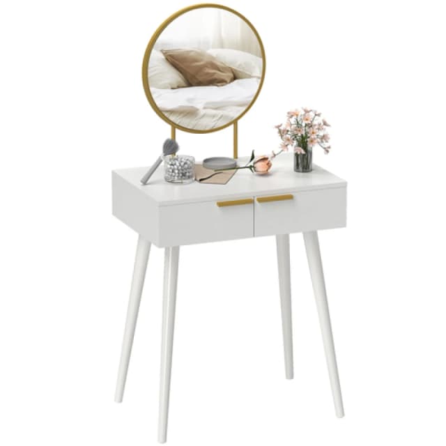 HOMCOM HOMCOM Modern Dressing Table w/ 2 Drawers Round Mirror for Bedroom White White One Size Unisex 5063603034389