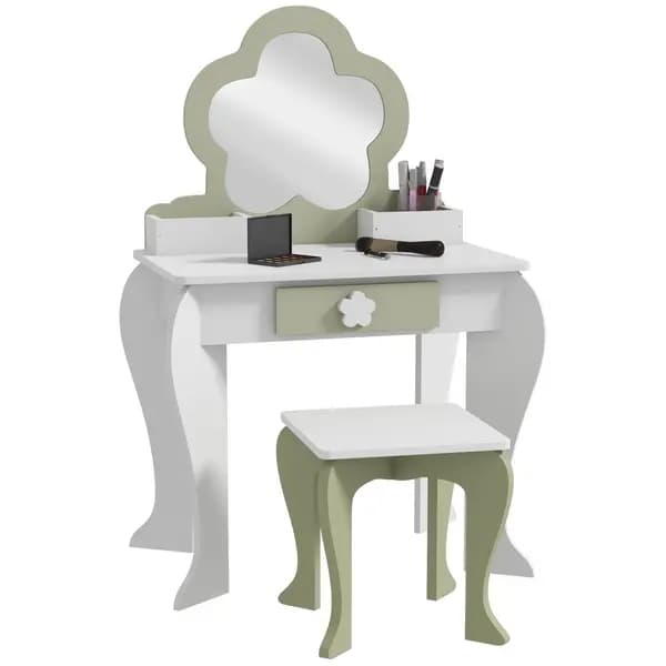 ZONEKIZ Kids Dressing Table with Mirror and Stool, Drawer, Storage Boxes - White White