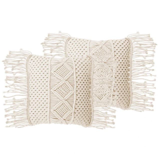 Beliani Set Of 2 Decorative Cushions Yortan Cotton 45 X 45cm Light Beige Geometric Pattern