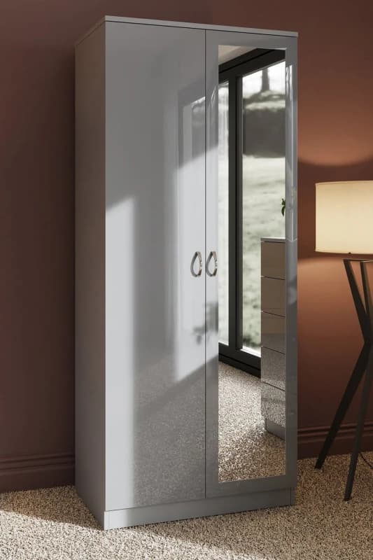 FWStyle FWStyle High Gloss 2 Door Mirrored Double Wardrobe in Grey Grey One Size Unisex 5056413121165