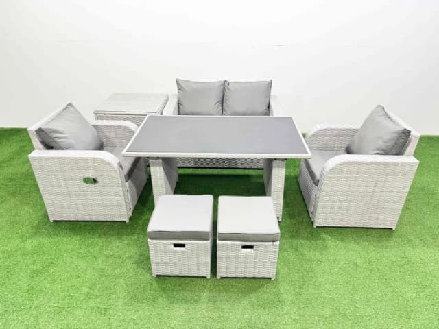 Fimous Outdoor Rattan Garden Furniture Dining Set 6-seater with Side Table in Light Grey Light Grey Unisex