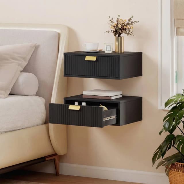 HOMCOM Floating Nightstands Set of 2 Bedside Tables w/ Wave Drawer in Black Unisex
