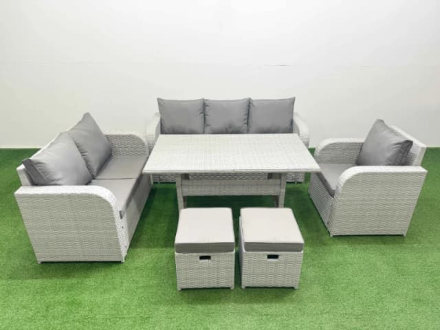 Fimous Patio PE Wicker 8 Seater Outdoor Rattan Furniture Sofa Sets with Rectangular Dining Table Reclining Chair Loveseat Sofa 3 Seater Sofa Stool Lig