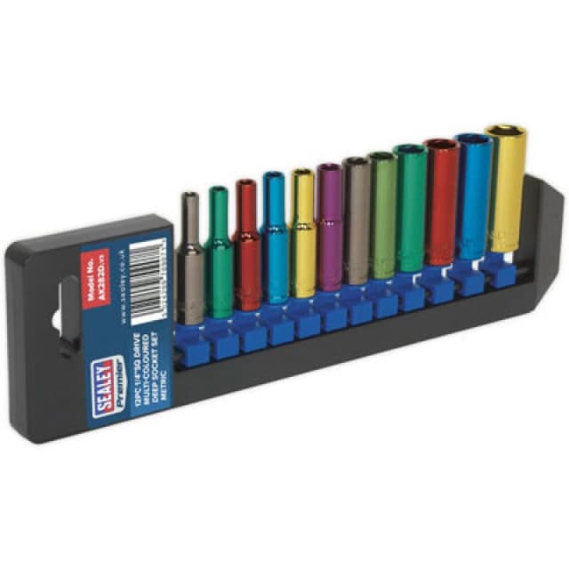 Loops 12 PACK Multi Colour DEEP Socket Set 1/4" Metric Square Drive - 6 Pt WallDrive Multi
