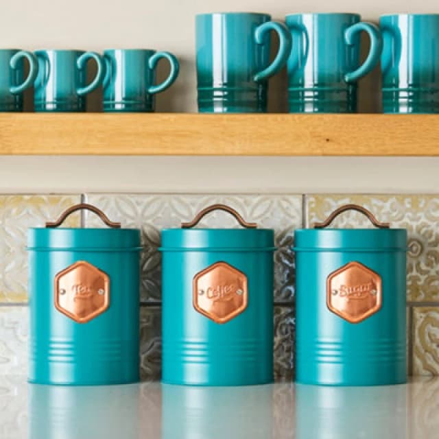 Cooks Professional 3 Piece Tea Coffee Sugar Cannister Set - Labelled Kitchen Storage Tins With Airtight Lids - Teal & Copper