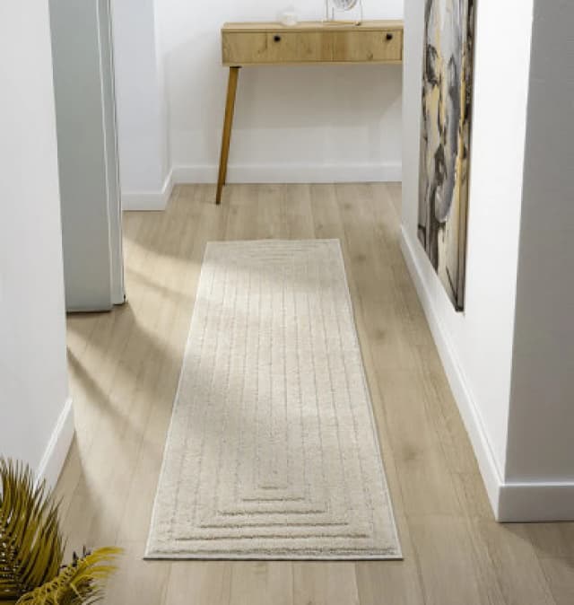 Isabella Living Room Area Rugs - Embossed Geometric Rectangle Design Cream 60Cm X 220Cm