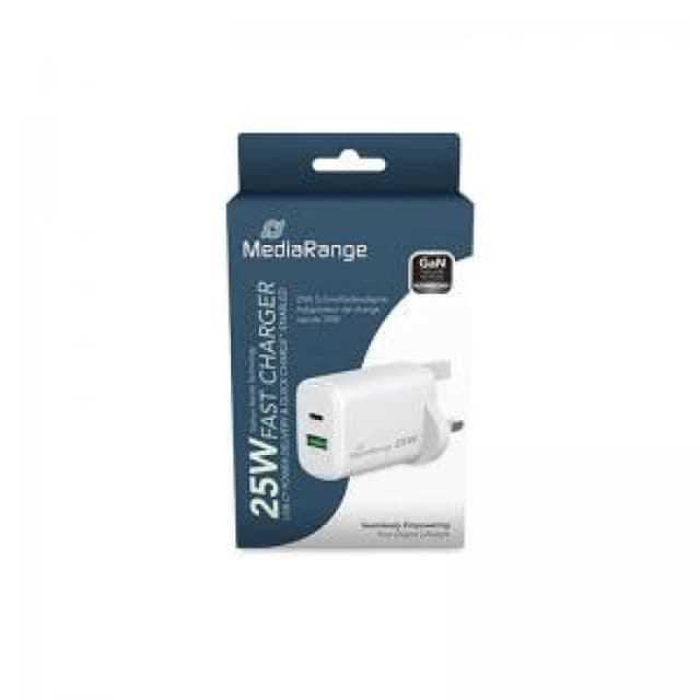 MediaRange MediaRange GaN Fast Charging Adapter UK Plug 1xUSB-C and 1xUSB-A 25W White MRMA112-UK MRMA112-UK