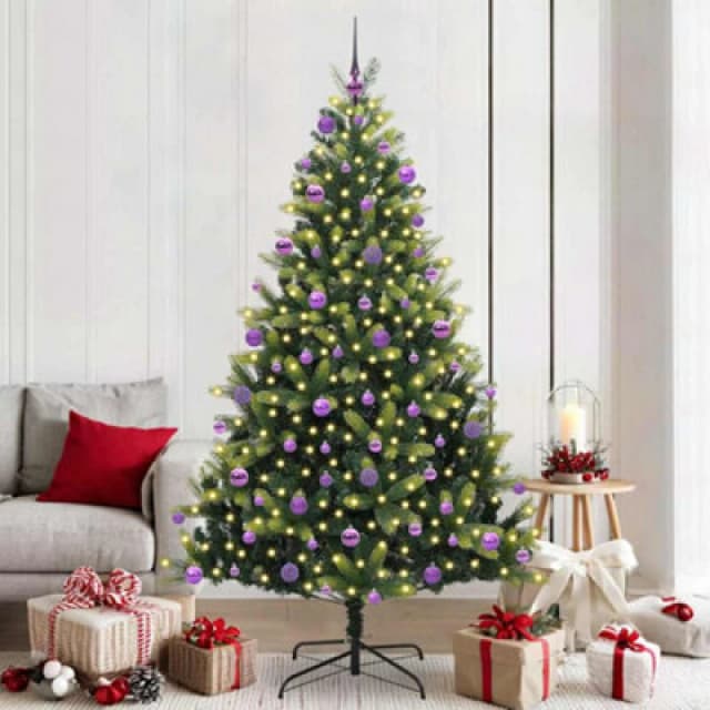 vidaXL Artificial Hinged Christmas Tree 300 LEDs, Lilac Balls Green 210 cm, Green 3396006
