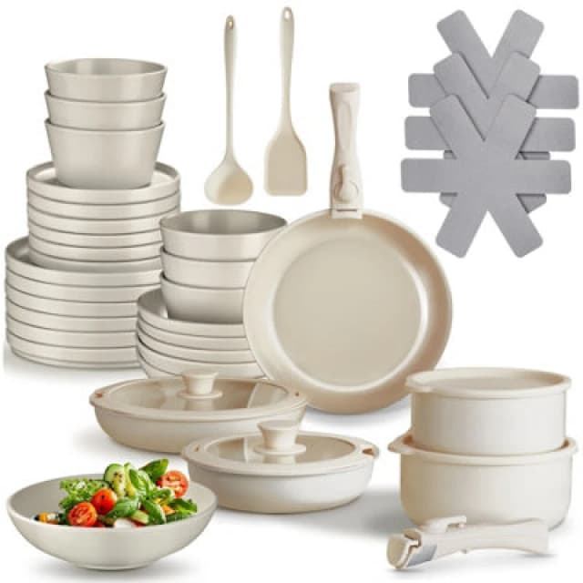Tectake Kitchen Starter Set For 6 People With Crockery, Pots And More - Taupe/white