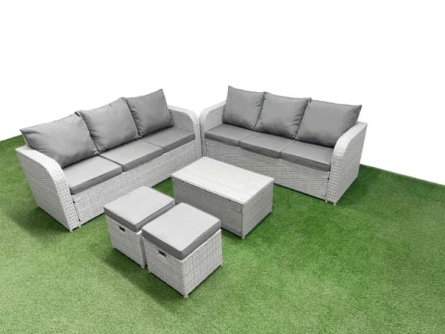 Fimous Outdoor Garden Furniture Sets 8 Seater Wicker Rattan Furniture Sofa Sets with Rectangular Coffee Table high Back Lounge Sofa Stools Light Grey