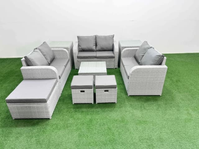 Fimous 9 Seater PE Wicker Rattan Furniture Sofa Sets with Square Coffee Table 2 Seater Love Sofa 3 Stool 2 Side Table Light Grey Light Grey