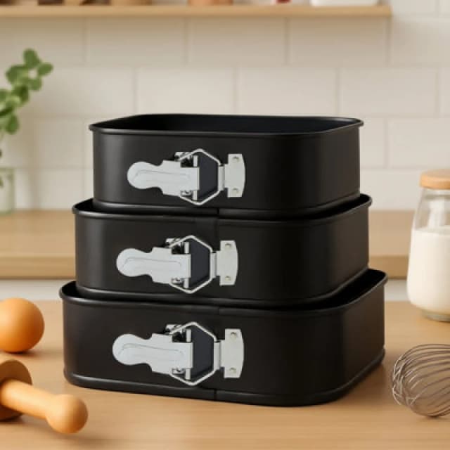 Premier Housewares Interiors By Premier Square Cake Tin Set Of 3, Non-Stick Springform Tins For Layered & Celebration Cakes, Durable Carbon Steel