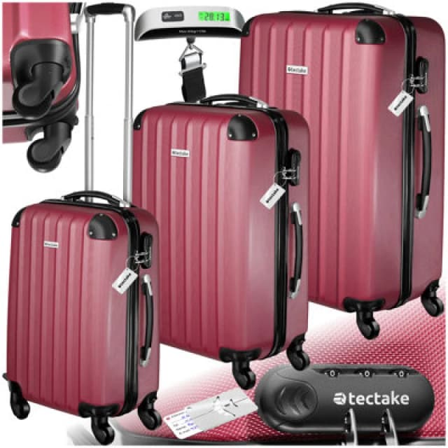 Tectake Suitcases Set Of 3 - Scale, Luggage Tag, Lock Included, Swivel Wheels - Burgundy