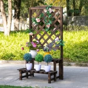Outsunny 2 Tier Wooden Plant Stand with Trellis, Flowerpots and Vine Plants Indoor & Outdoor Display Rack Great Decoration Garden Patio Balcony