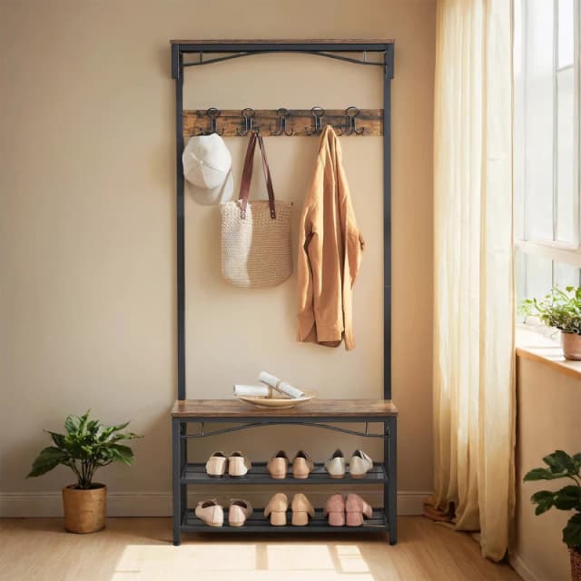 Songmics Vasagle Coat Rack, Hallway Cabinet, With Top Board, Shoe Rack, Bench And 5 Double Hooks, Metal Frame, Rustic Brown And Black